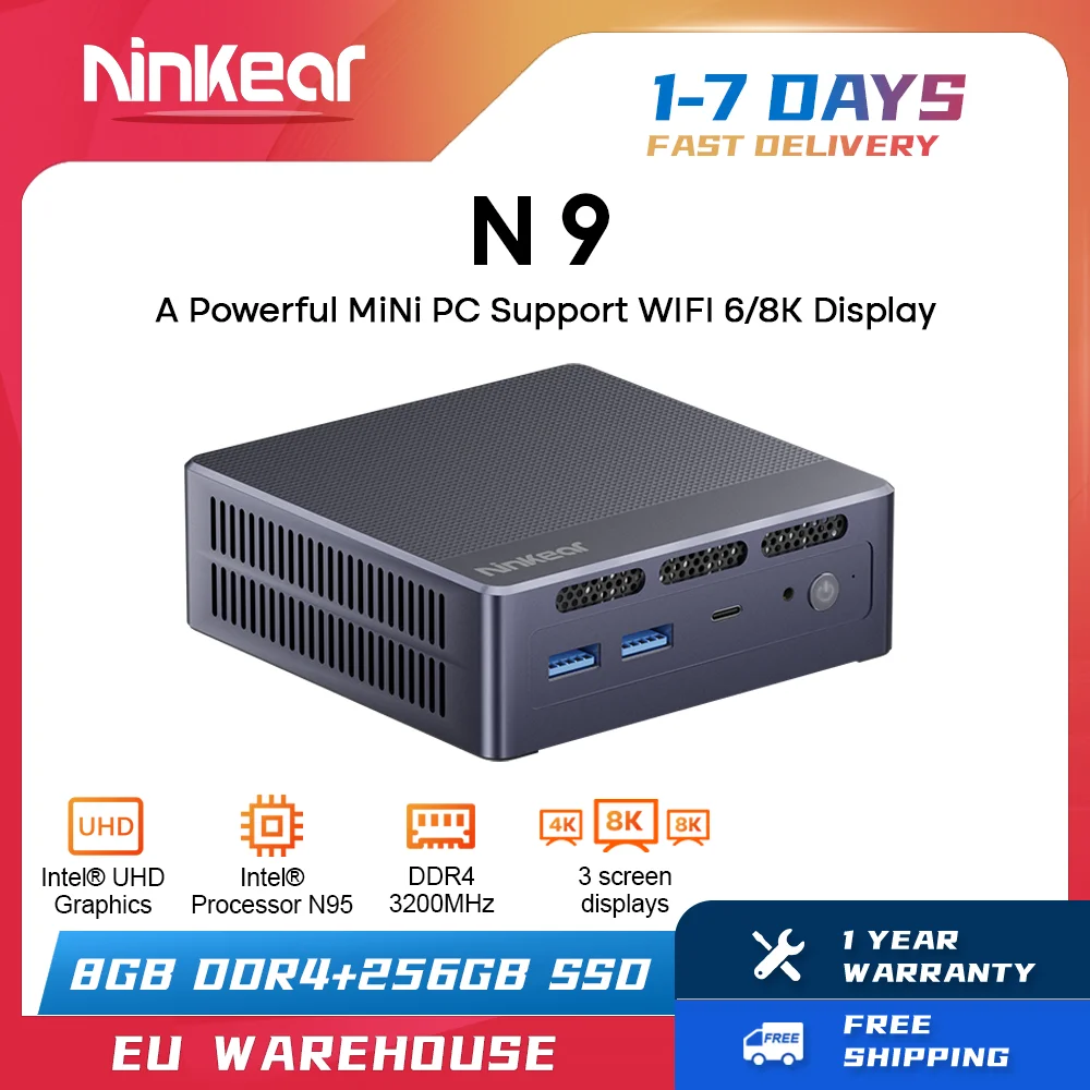 Ninkear N9 Mini Pc Processore Intel N95 Fino A 3.4Ghz 8Gb Ddr4 Ssd Da 256Gb Per Computer Windows 10/11 Wifi 6 Supporto 8K 3 Display