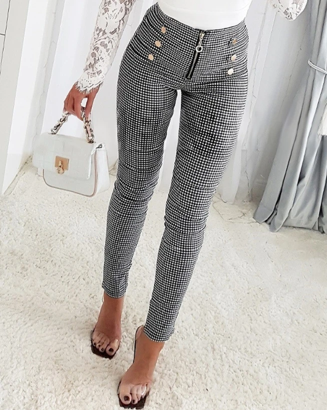 Pantaloni Eleganti Da Donna Autunnali Per Donna Pantaloni Skinny Con Piedi Pantaloni Neri Bianchi Slim Fit Stampa Scozzese Pantaloni Da Lavoro Con Cer