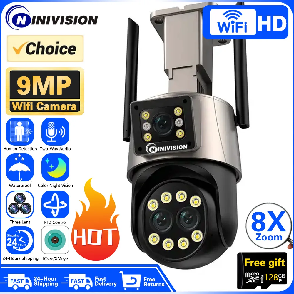 8X Zoom Icsee Ip Camera 9Mp Wifi Ptz Camera Outdoor Security Wifi Camera Three Lens Ai Auto Tracking Telecamere Ip Audio Bidirezionale