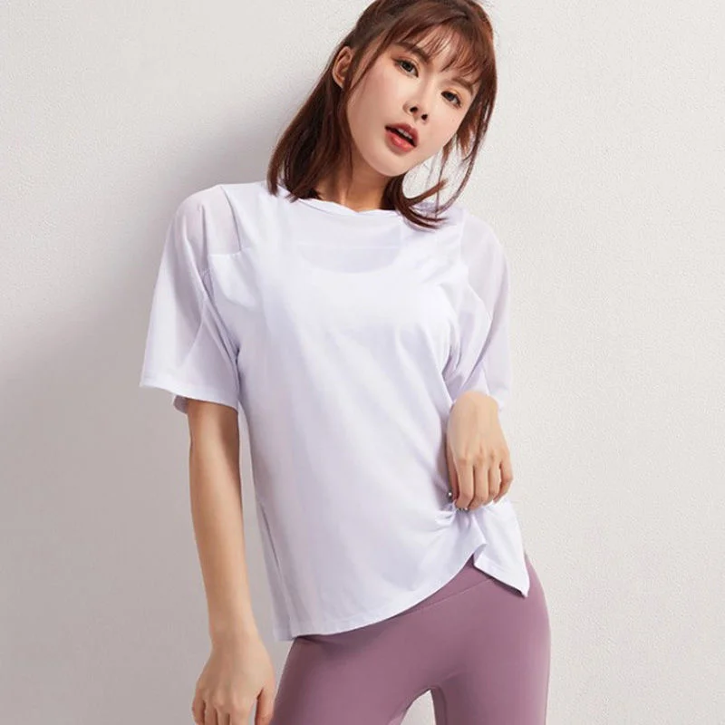 Yoga Crop Top Suit Manica Corta Fitness T-Shirt Sciolto Running Mesh Summer Sportswear Mujer Camisetas