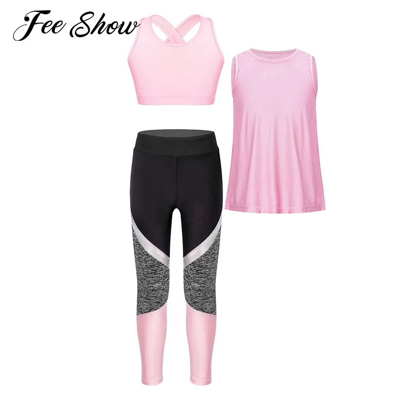 Kids Girls Yoga Sets Athletic Sports Running Tennis Outfit Sleeveless Crop Top With Split Back Tank Top+Leggings Workout Clothes