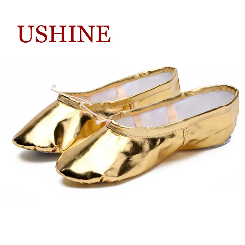 Ushine New Professional Pu Gold Silver Training Body Shaping Yoga Pantofole Belly Ballet Dance Shoes Kids Girls Women