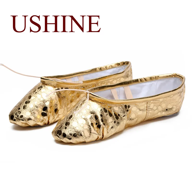 Ushine New Professional Pu Gold Silver Training Body Shaping Yoga Pantofole Belly Ballet Dance Shoes Kids Girls Women