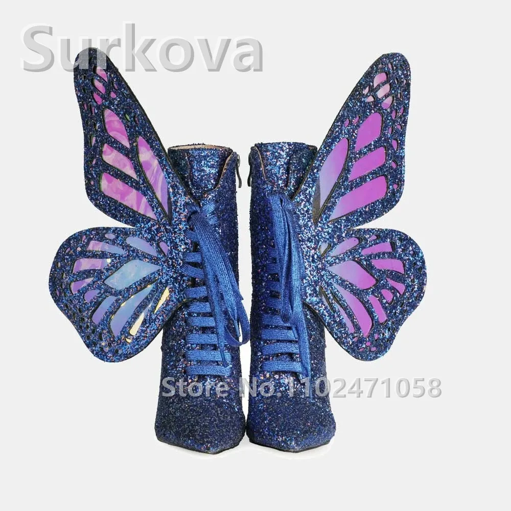 Ali Di Farfalla Glitter Tacchi Alti Stivaletti Donna Scarpe A Punta Stringate Stivaletti Da Donna Con Tacco A Spillo Scarpe Da Pista