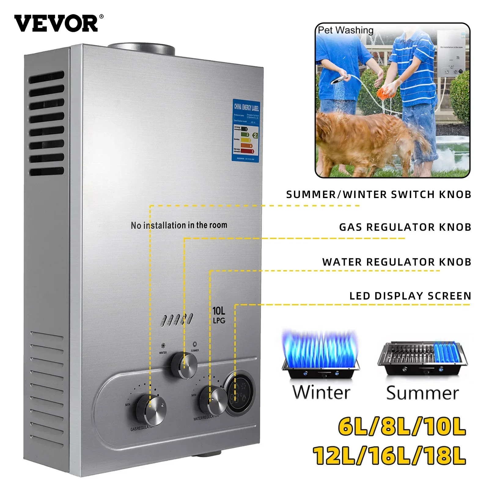 Vevor 6L 8L 10L 12L 16L 18L Gpl Scaldabagno Portatile Instand Gas Propano Gpl Scaldabagno A Parete Senza Serbatoio Display Digitale