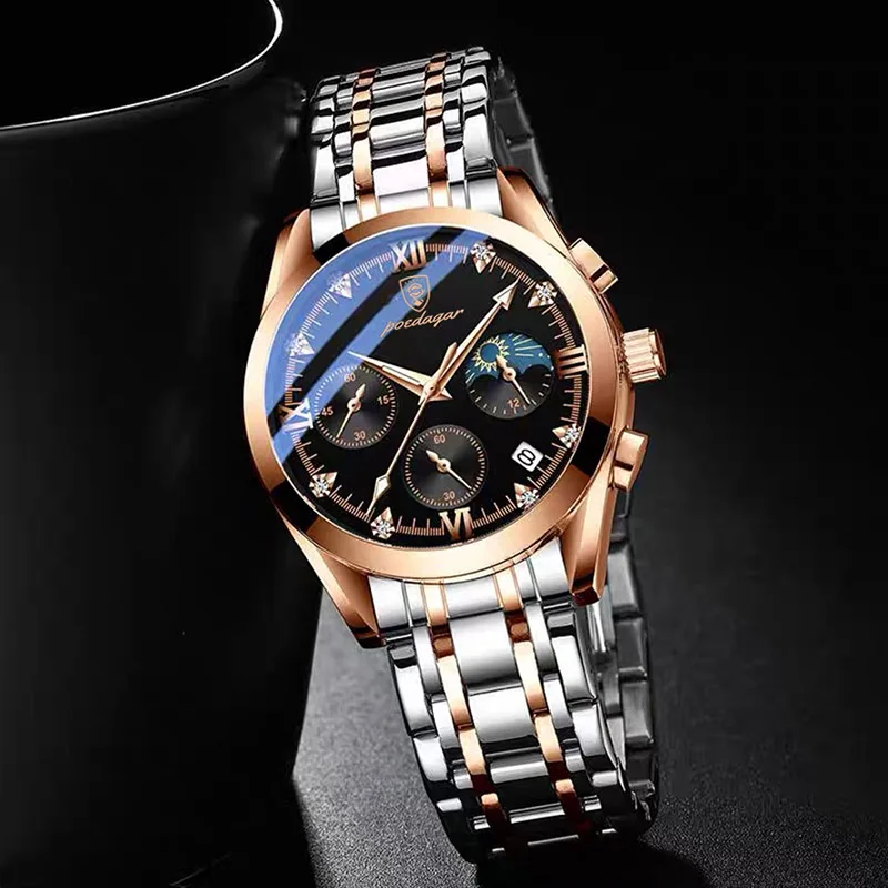 Orologi Sportivi Di Marca Poedagar Per Uomo Oro Rosa 2023 Nuovo Orologio Militare Di Lusso In Acciaio Inossidabile Uomo Impermeabile Fase Lunare Lumin