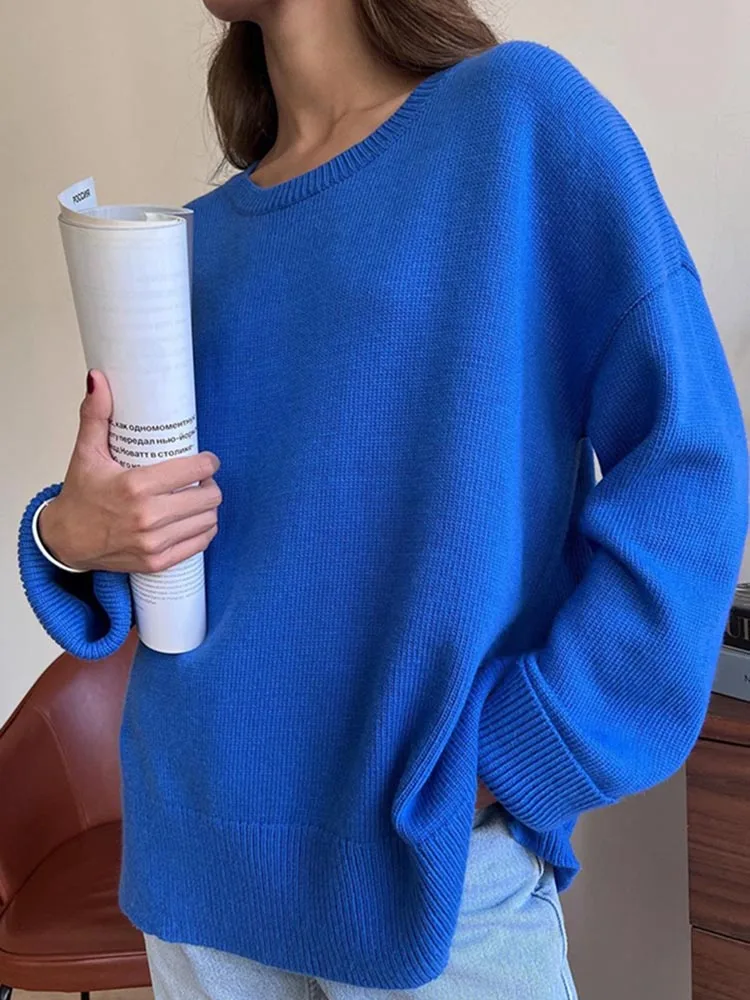 Moda Donna Maglioni 2023 Autunno Inverno O Collo Pullover Lavorato A Maglia Casual Allentato Spesso Solido Blu Verde Maglione Oversize Donna