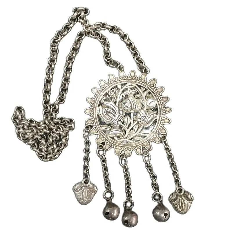 Back Flow Vintage Tibet Anemone Han Dress Cheongsam Gonna Pressata Collana Old Silver Changsheng Lock