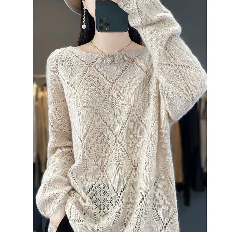 23 Autunno E Inverno Nuovo Maglione 100% Puro Cashmere Maglione Girocollo Da Donna Maglione Scavato Sciolto A Maniche Lunghe In Cashmere Bot