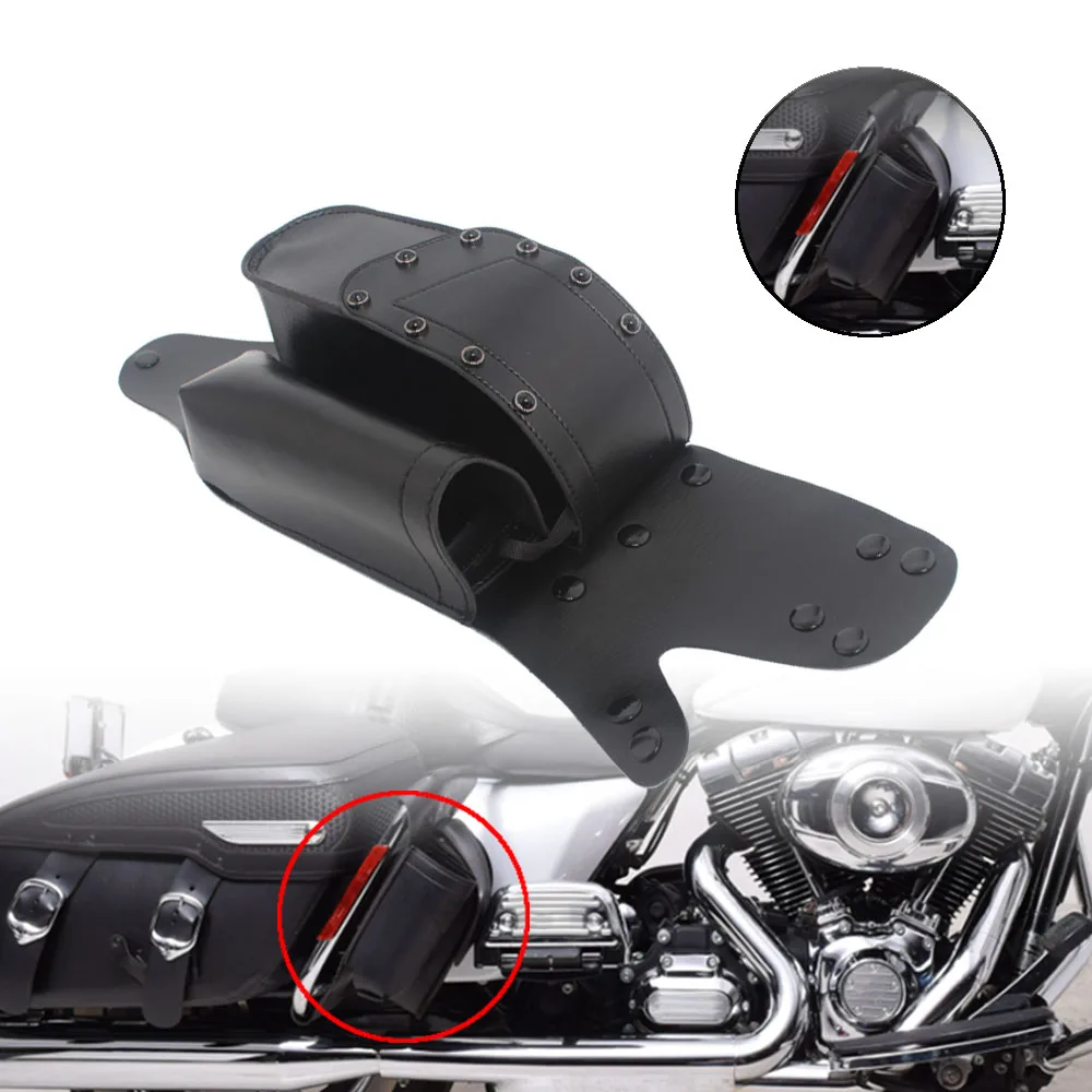 Motorcycle Leather Crash Saddlebag Guard Bar Bag With Water Bottle Black For Harley Touring Road King Electra Glides Road Glides