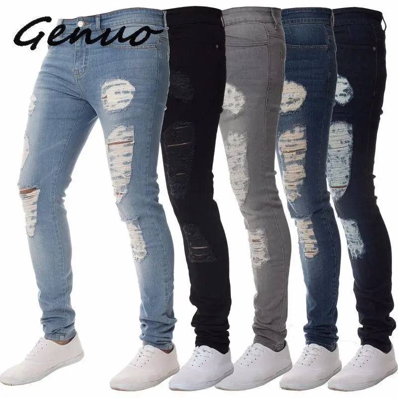 Genuo New Mens Casual Jeans Skinny Pantaloni Uomo Jeans Strappati Neri Solidi Uomo Jeans Mendicante Strappati Con Foro Al Ginocchio Per Uomini Giovani
