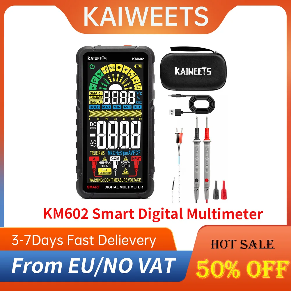 Multimetro Digitale Intelligente Kaiweets Km602, Misuratore True-Rms Da 6000 Conteggi, Batteria Ricaricabile Da 1200Mah-Nero