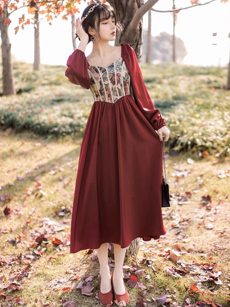 Abito Da Donna Primavera Autunno Abito Da Festa Vintage Patchwork Abiti Lunghi Rossi Stile Francese Retro Femminile Bing 2022 Hot
