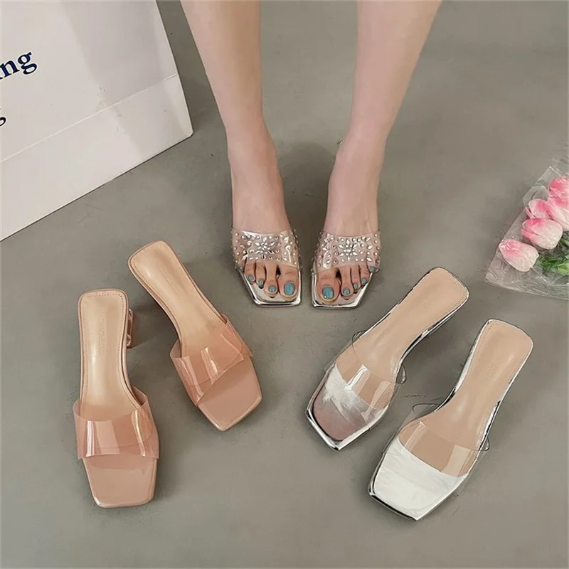 Sandali Trasparenti New High Heeled Fairy Style Square Head Crystal Thick Heeled One Line Pantofole Femminili