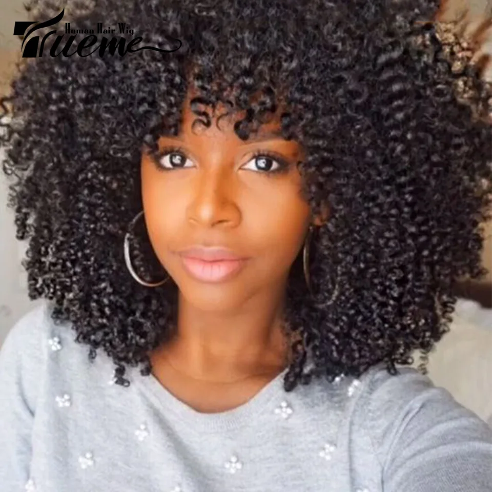 True Me Short Kinky Curly Bob Wig Big Afro Kinky Curly Hair Parrucche 250% Highlight Brown Natural Culry Wear And Go Parrucca Umana