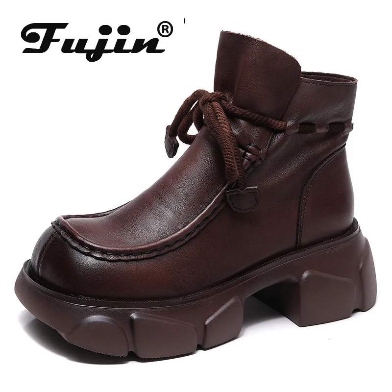 Fujin Punk Zip Autunno Boot Wedge Suola Spessa Scarpe Stivali In Vera Pelle Per Le Donne Stivaletti Alla Caviglia 6Cm Moto Naturale Metà Polpaccio