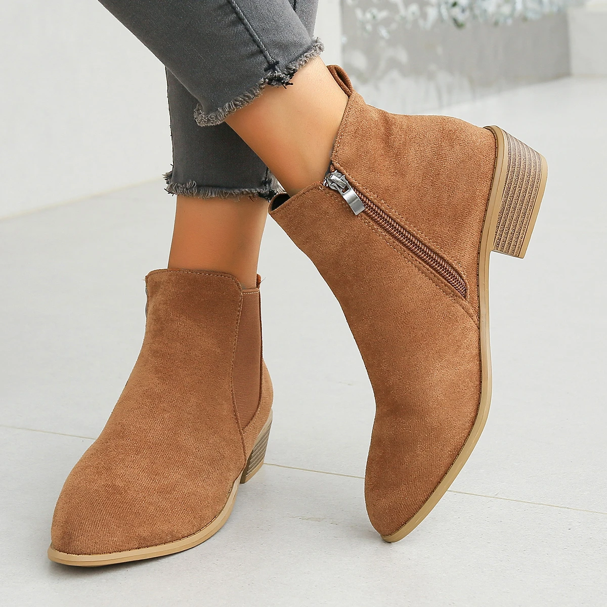 Stivaletti Slip-On Elastici In Pelle Scamosciata Naturale Da Donna Stivaletti Autunnali Con Punta Quadrata Casual Stivaletti Corti Chelsea Scarpe Cald