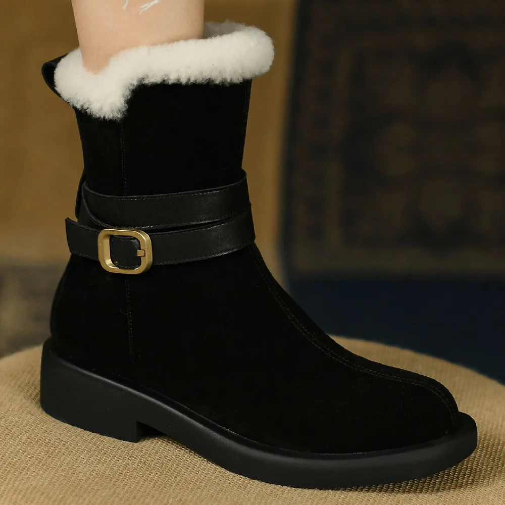Women'S Natural Suede Leather Warm Plush Side Zip Flats Winter Ankle Snow Boots Round Toe Casual Ankle Belt Short Boots Shoes