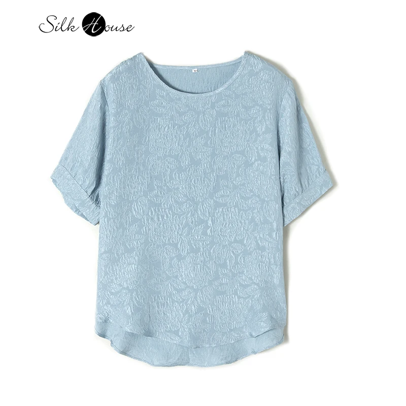 Silk Guanle Crepe Round Neck T-Shirt Women 2022 Summer Women Fashion 100%Natural Mulberry Silk Solid Jacquard Top