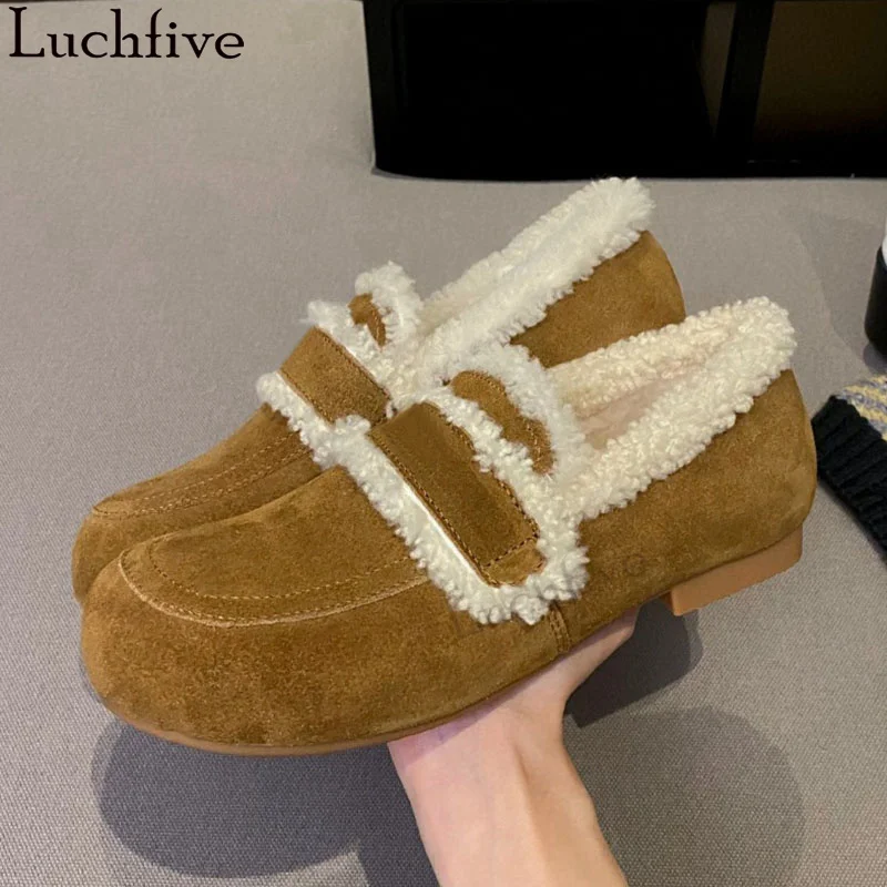 Inverno New Warm Walking Flat Shoes Donna Comfort Vera Lana Mocassino Scarpe Luxury Brand Natural Suede Fur Casual Flat Shoes Donna