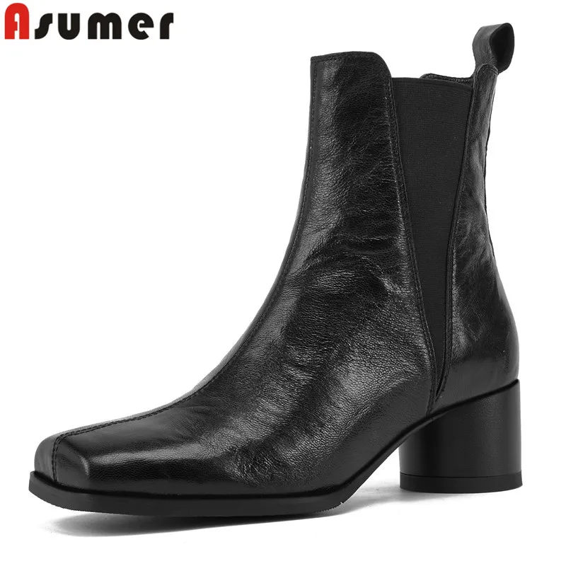 Asumer Nature Stivali In Vera Pelle Scarpe Da Donna Tacchi Alti Rotondi Stivali Chelsea Stivaletti Da Donna Fatti A Mano Marroni Neri