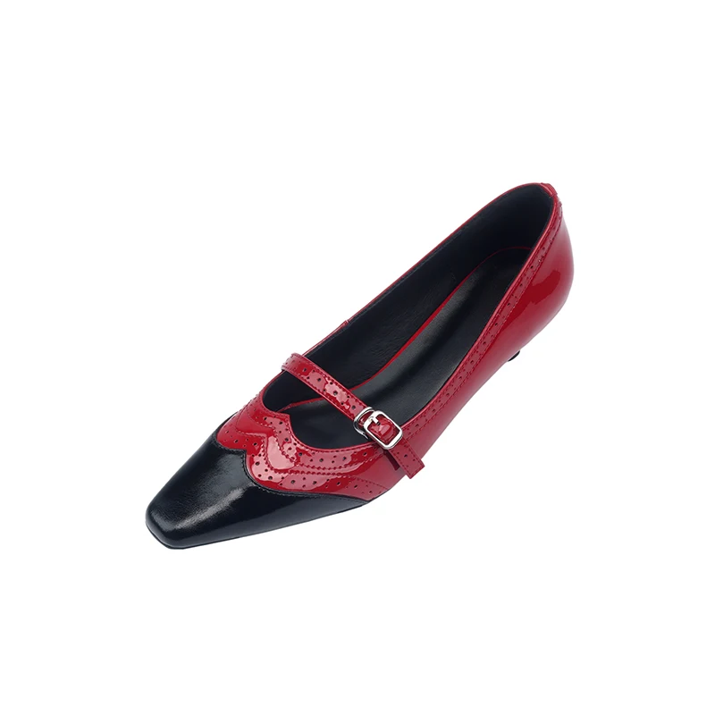 2023New Spring Women Pumps Pelle Naturale Plus Size22-25Cm Pelle Bovina + Pelle Di Cinghiale Punta Quadrata Brogue Buckle Tacchi Spessi Mary Jane Shoe
