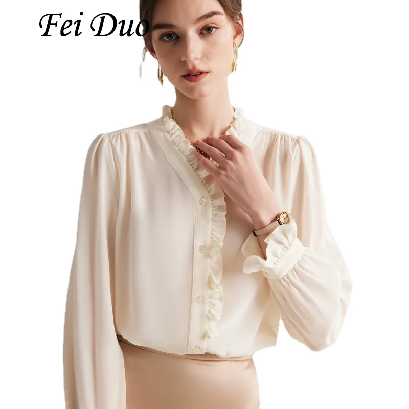 Camicia Da Pendolarismo Bianca Doppia Crepe In Seta Di Gelso Naturale Seta Confortevole Top Alla Moda Primavera/Estate Nuovo Stile