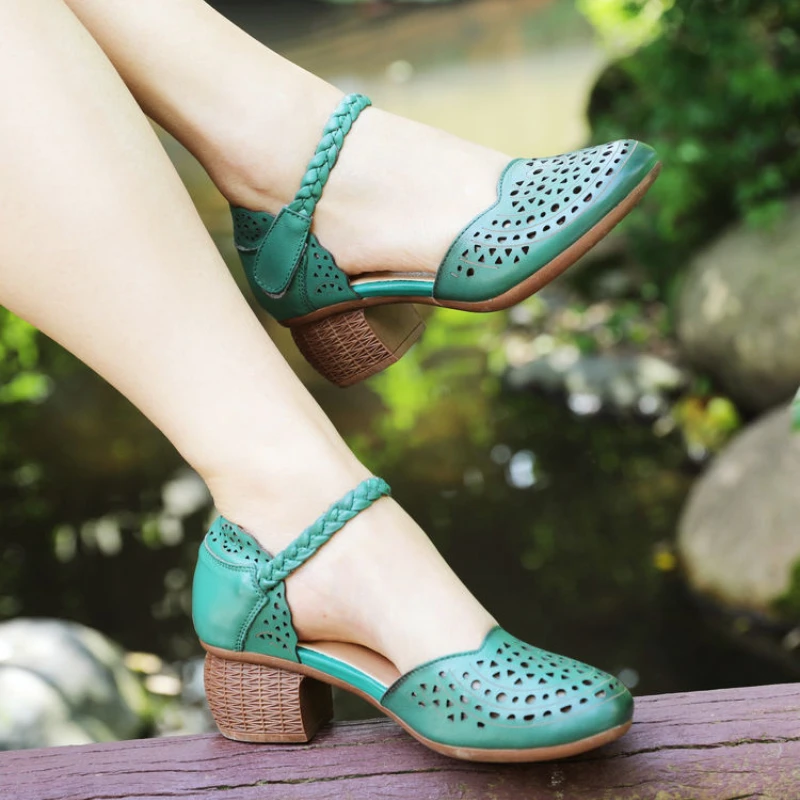 5.5Cm Hollow Natural Genuine Leather Authentic Elegance Fashion Hook Sandals Designer Chunky Heels Women Round Toe Summer Shoes