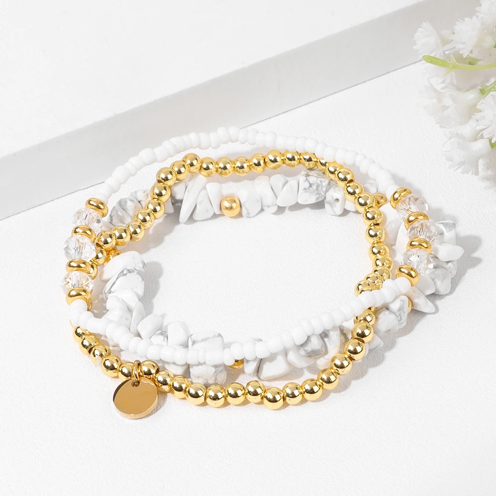 Bracciali Con Perline Di Riso In Pietra Con Chip Di Howlite Bianca Bracciali Con Perline Color Oro 3 Pz/Set Bracciali Con Pietre Naturali Gioielli Da 