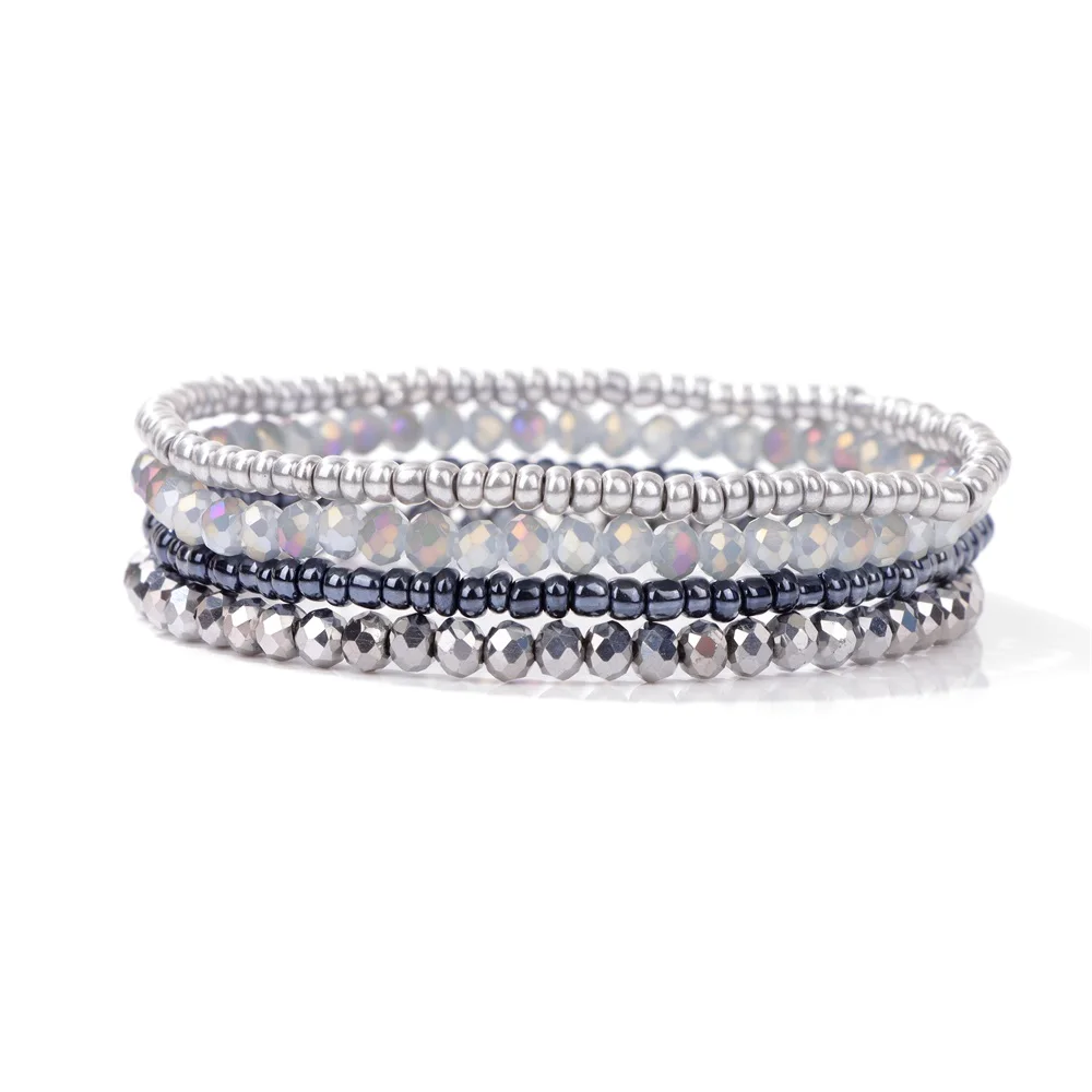 4 Pz/Set Bracciali Con Perline Di Cristallo Color Argento Perline Di Riso In Pietra Naturale Bracciali Quarzs Donna Uomo Gioielli Lucidi Fatti A Mano 