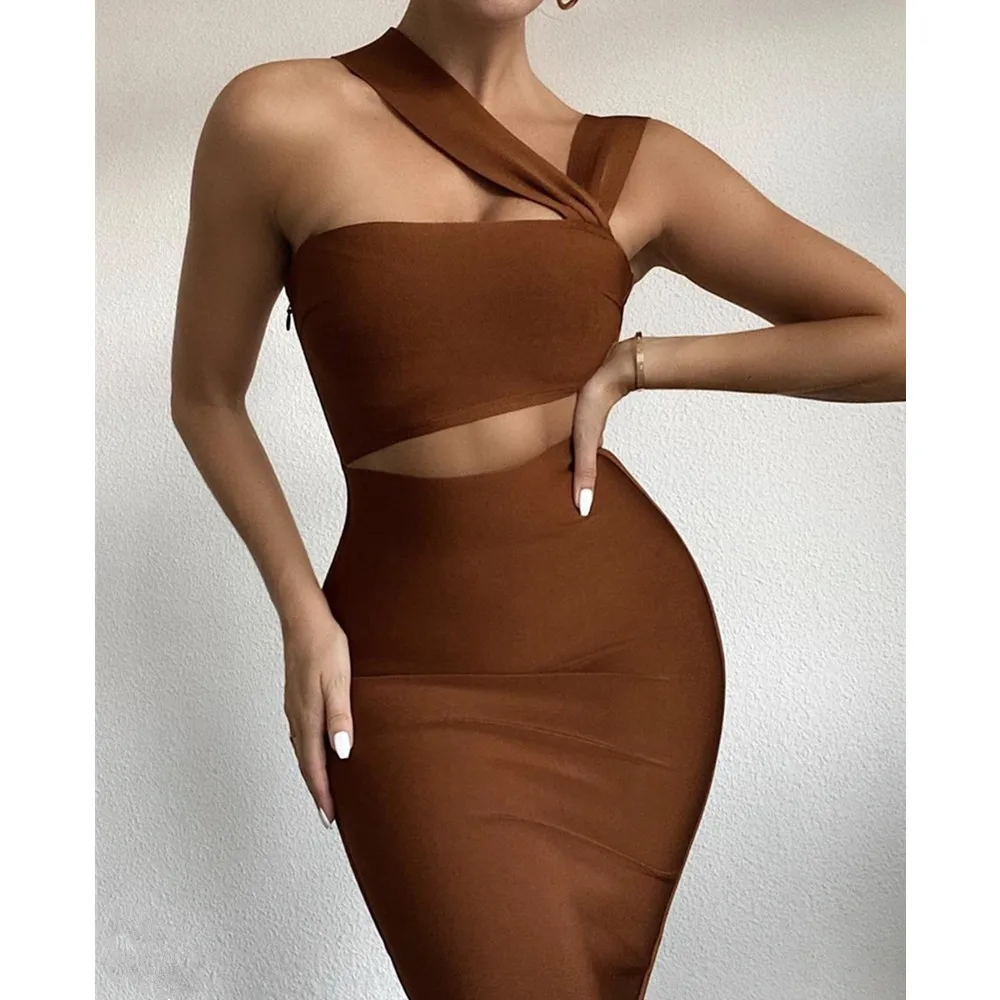 New Summer Fashion Sexy Scollo A V Midi Brown Women Bandage Dress 2023 Ladies Elegant Evening Party Club Dress Vestidos