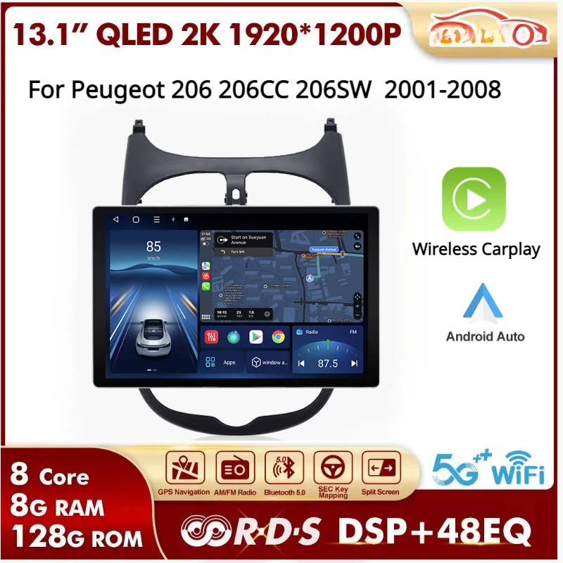 13.1 "2K Wireless Carplay Autoradio Android Per Peugeot 206 206Cc 206Sw Autoradio Multimidia Automotivo 2001 - 2008