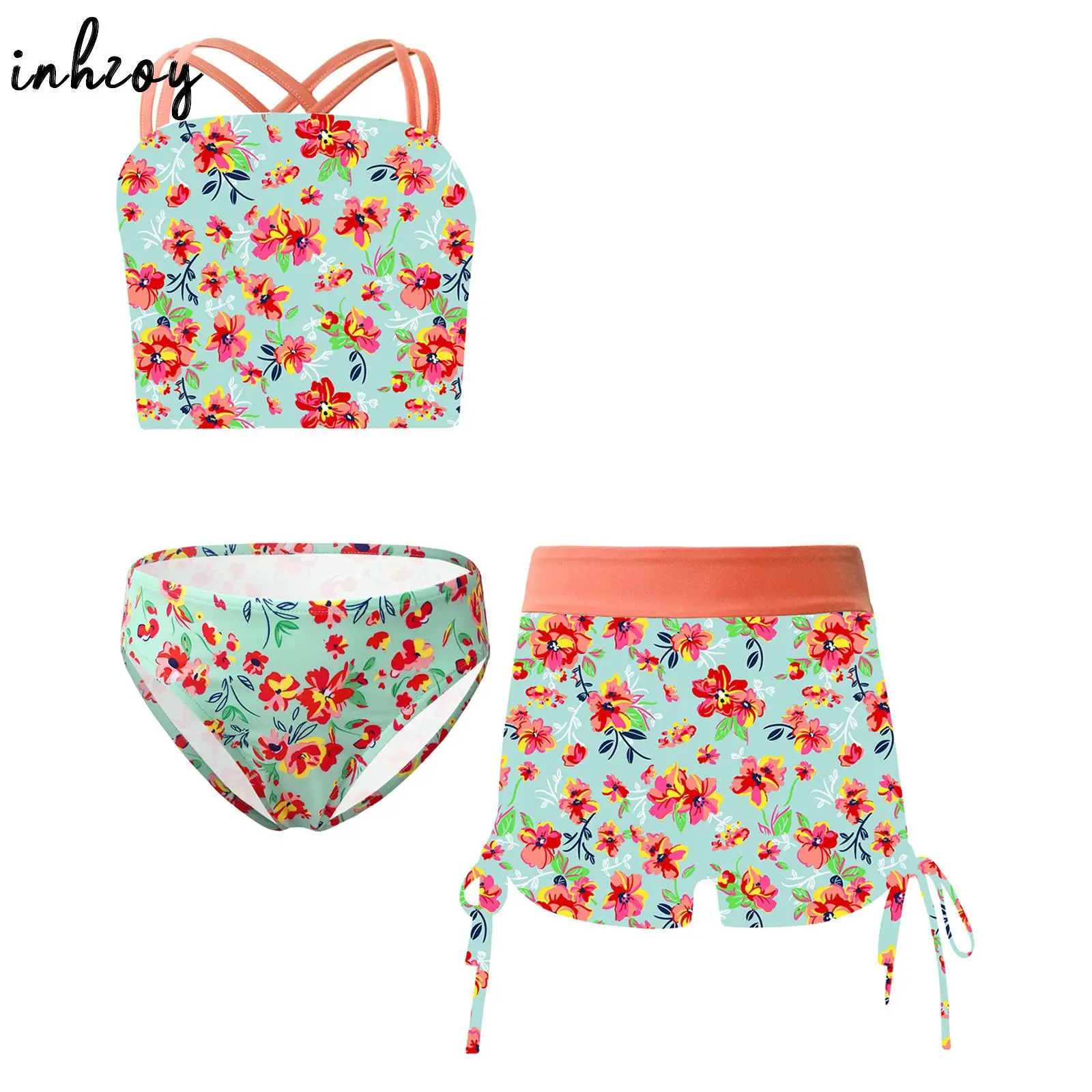 3Pcs Kids Girls Costume Da Bagno Bikini Hawaiano Tankini Swimwear Double Straps Cross Tank Top + Shorts + Slip Beach Swimming Costume Da Bagno