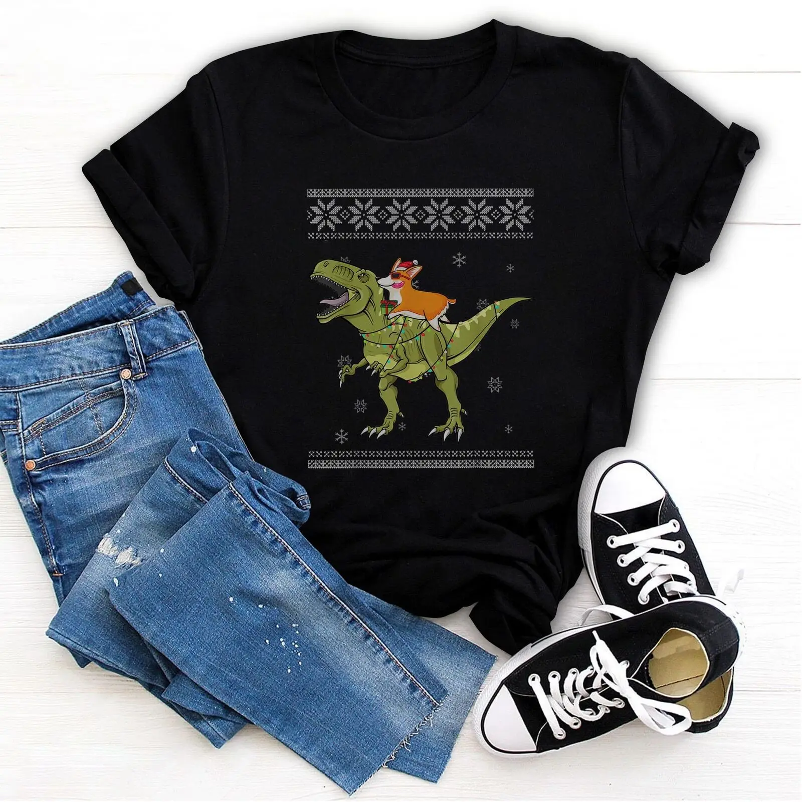 Corgi Riding T Rex Dinosaur Christmas Light Xmas Tshirt Gift T-Shirt
