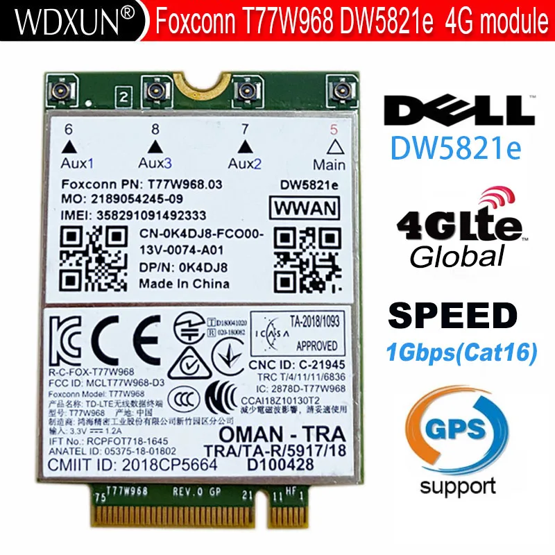 Foxconn T77W968 Lte Cat16 Gnss 5G Wwan Card Dw5821E Dw5821E-Esim Per Dell Latitude 5420 5424 7424 Latitude 7400 / 7400 2-In-1