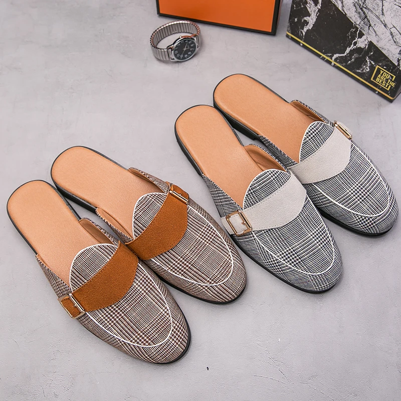 Scarpe In Pelle Di Tela Uomo Casual Luxury Brand Designer Sandali Mules Mocassini Uomo Slip On Flats Driving Mezze Scarpe Eleganti Pantofole