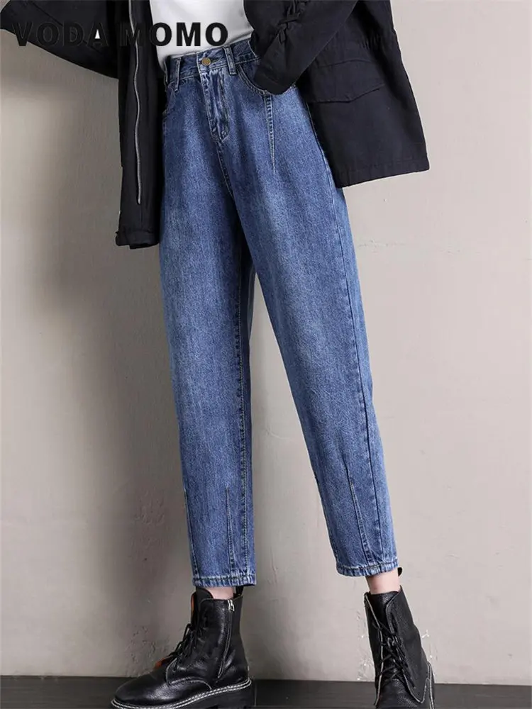 2022 Autumn New Korean Stytle High Waist Comfortable Loose And Thin Straight Leisure Wide-Leg Pants Velvet Padded Jeans Women'S