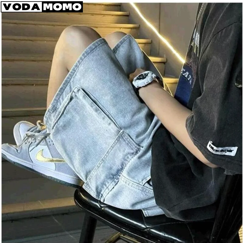 2023 Moda Uomo Slim Pantaloncini Jeans Casual Pantaloncini Per Uomo Retro Blu Lavato Street Pantaloni Al Ginocchio Maschili In Denim Abbigliamento Uom