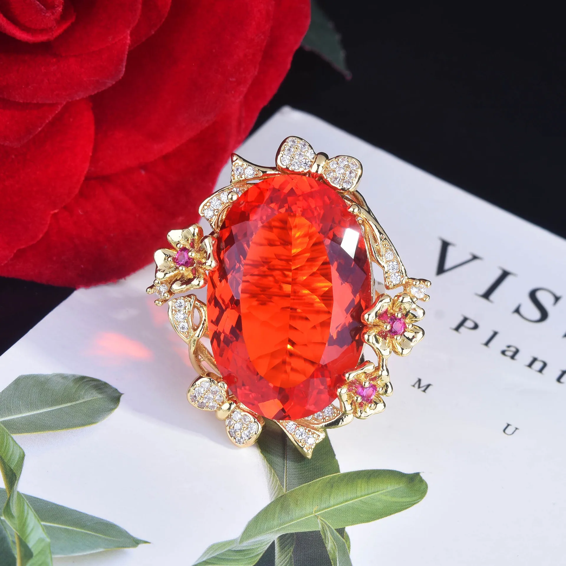 Foydcbreo New Luxury 20*30Mm Orange Big Stone Rings Simulazione Fanta Padparadscha Color Gemstone Open Anello Regolabile Per Le Donne