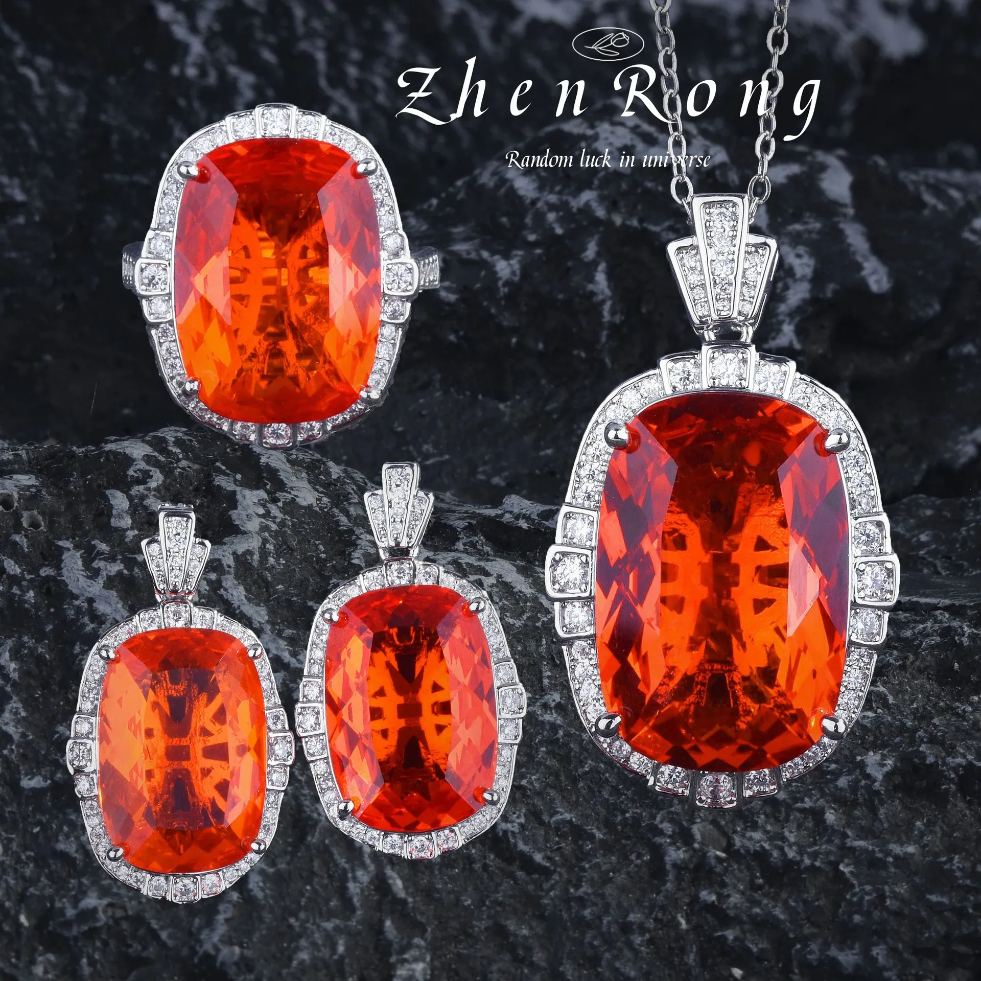 Foydcbreo Luxury Large Carat Padparadscha Collane Con Ciondolo In Pietra Preziosa Vintage Luxury Fanta Orange Cz Rings Orecchini Set Di Gioielli