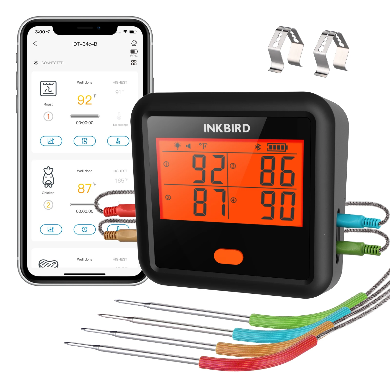 Termometro Per Carne Inkbird Idt-34C-B Termometro Per Griglia Bluetooth Con 4 Sonde Per Carne Controllo App Gratuito Lcd Per Grigliare E Fumare