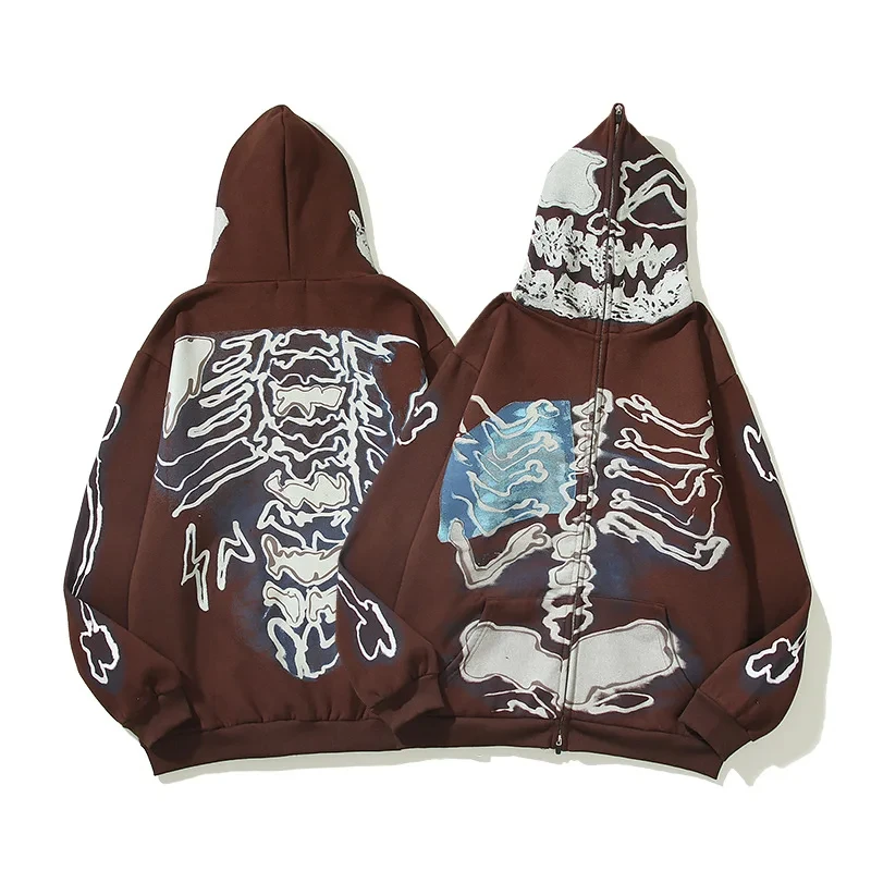2023 New Fashion Skull Print Felpe Con Zip Da Uomo Per Donna Retro Oversize Streetwear Harajuku Felpe Casual Sudaderas