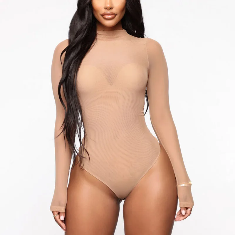 Tuta Donna Sexy Trasparente Manica Lunga Tinta Unita Tute Moda Un Pezzo Tute Femminili Abbigliamento Donna