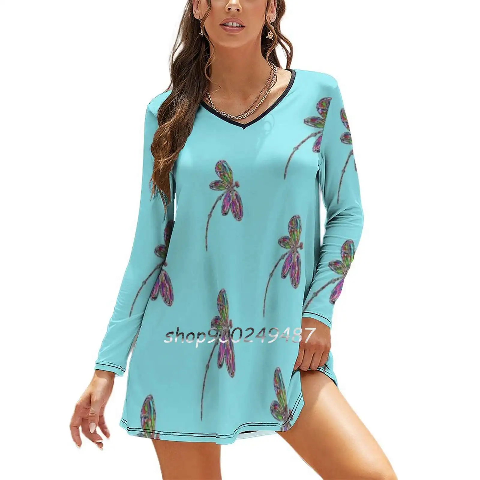 Neon Dragonfly-Turquoise Women Spring Autumn Long Sleeve Dress Female Casual Dress Dragonfly Dragonflies Flying Flight Flit