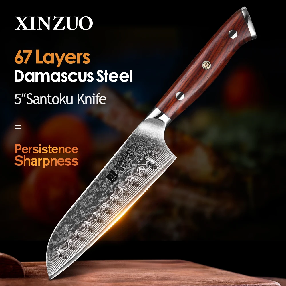 Xinzuo Coltelli Da Cucina Santoku Da 5 ''Pollici Coltello Da Cuoco In Acciaio Di Damasco Nuova Carne Affilata Frutta Verdura Con Manico In Palissandro
