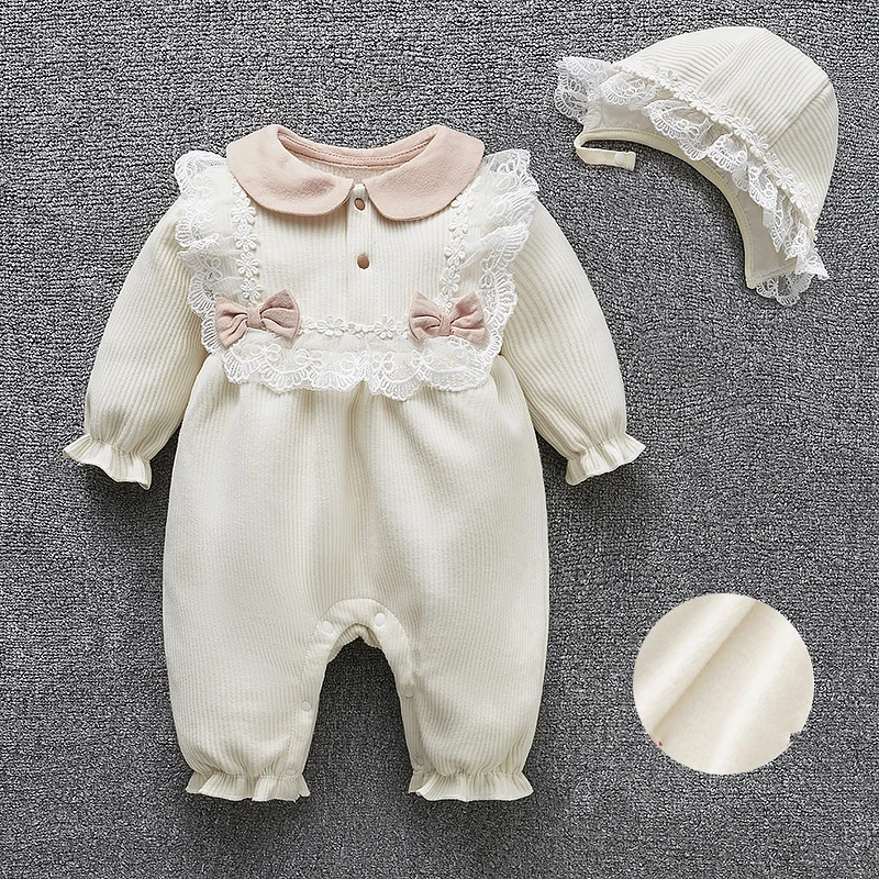 Autunno Inverno Neonate Vestiti Manica Lunga In Pile Caldo Pizzo Fiori Tuta Ragazze Pagliaccetti + Cappelli