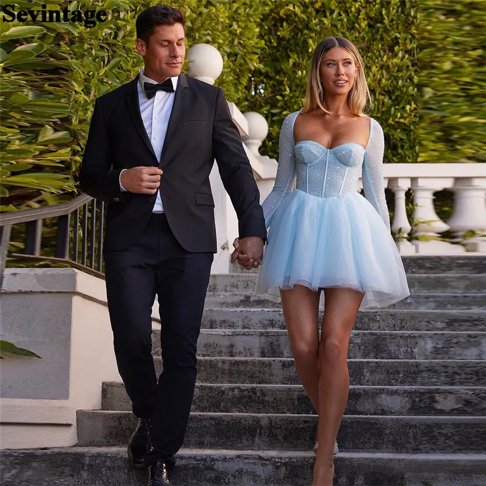 Sevintage Sky Blue Tulle Abiti Da Ballo Colletto Quadrato Sopra Il Ginocchio Paillettes Pieghe Increspato Abiti Da Ritorno A Casa Abiti Da Laurea