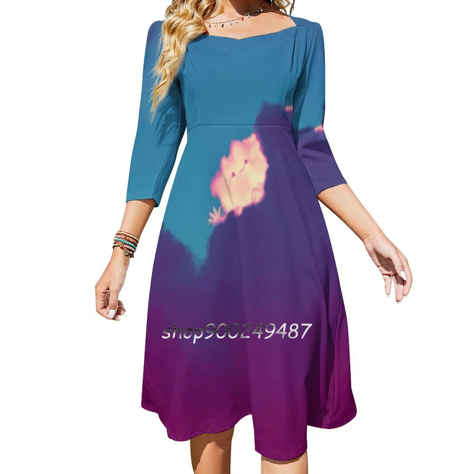 Hi! Square Neck Dress New Plus Size Elegant Women Waist Tight Dress Clouds Cute Hello Sky