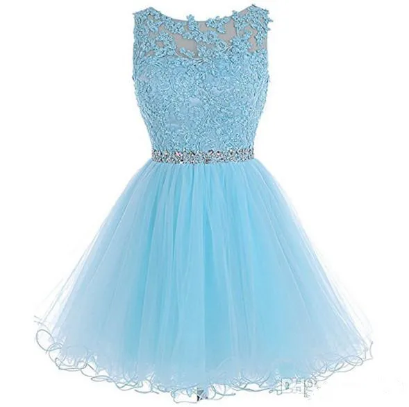 Abiti Da Cocktail Blu Cielo A-Line Organza Pizzo Perline Backless Mini Abiti Da Cocktail Eleganti
