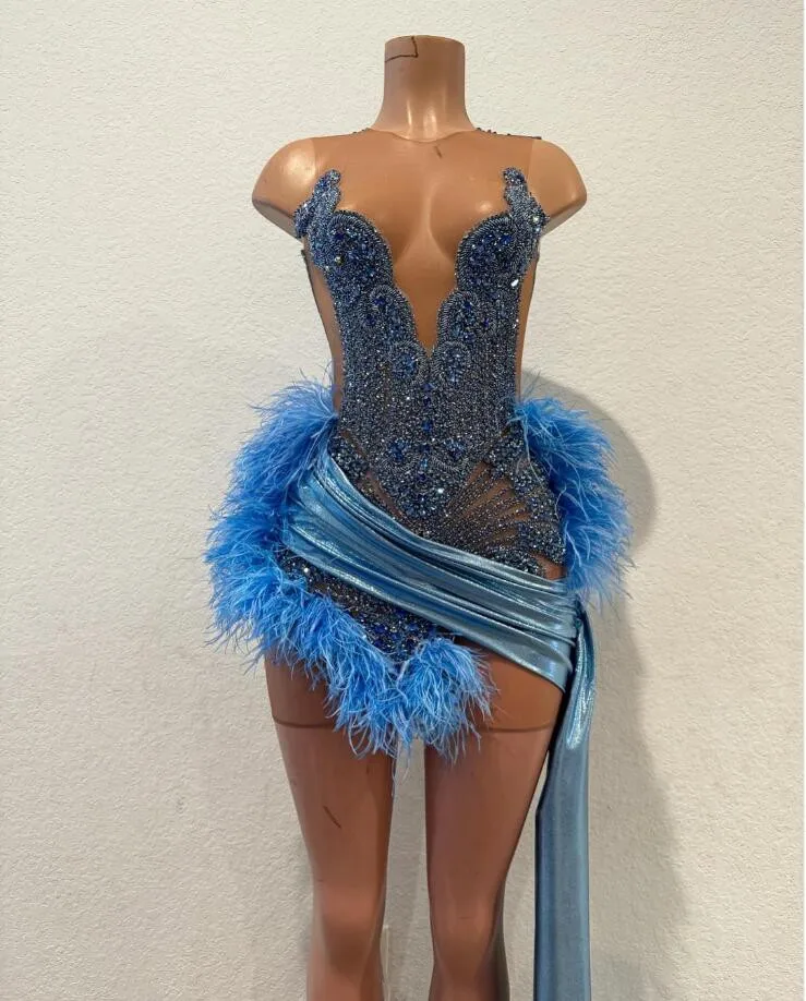 Sky Blue Short Prom Homecoming Dresses Sparkly Diamond Crystal Struzzo Feather Birthday Cocktail Gown Vestidos De Gala Mujer